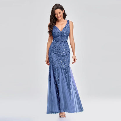 Women's Evening Prom Gown - Sleeveless V-Neck - Sequin Embellished - Floor-Length Elegant Fit