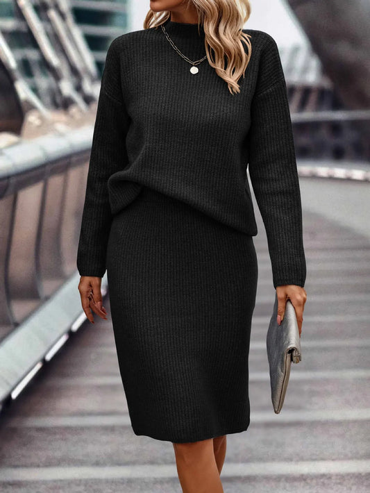 Women's Knitted Sweater and Skirt Set - High Neck - Long Sleeve - Fitted Pencil Skirt