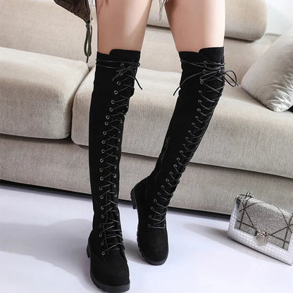 Women’s Over-the-Knee Boots – Suede Feel – Lace-Up Front – Side Zipper – Rugged Sole