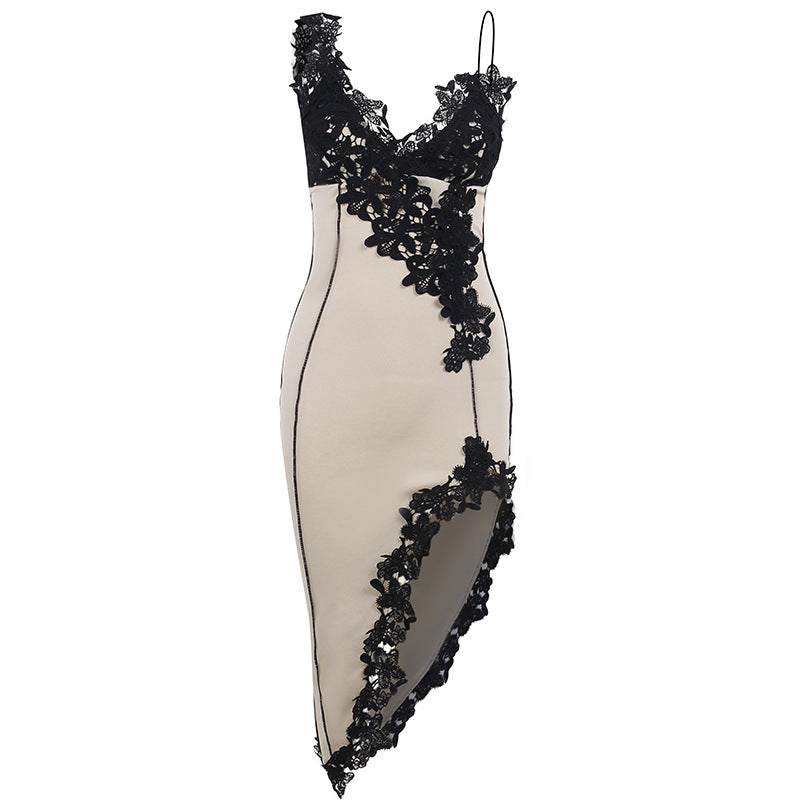 Women's Lace Dress - Plunging V-Neck - Sleeveless - High Slit Elegant Formal Wear