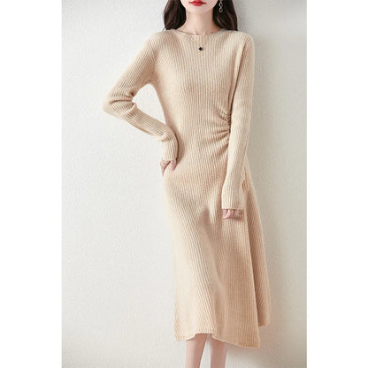 Women's Ribbed Knit Midi Dress - Long Sleeve - Gathered Side - Flared Hem