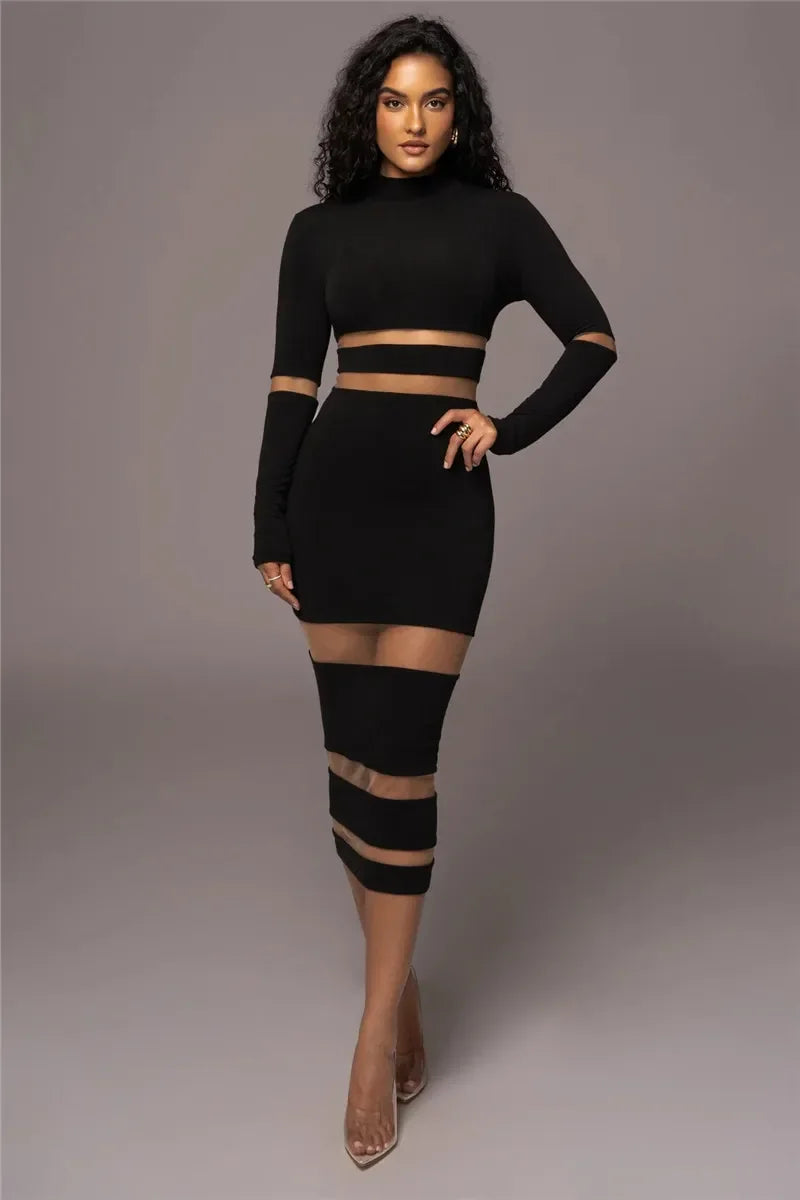 Women’s Midi Dress – Bodycon Fit – High Neck – Long Sleeve – Sheer Cut-Out Panels