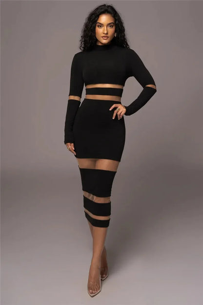 Women’s Midi Dress – Bodycon Fit – High Neck – Long Sleeve – Sheer Cut-Out Panels