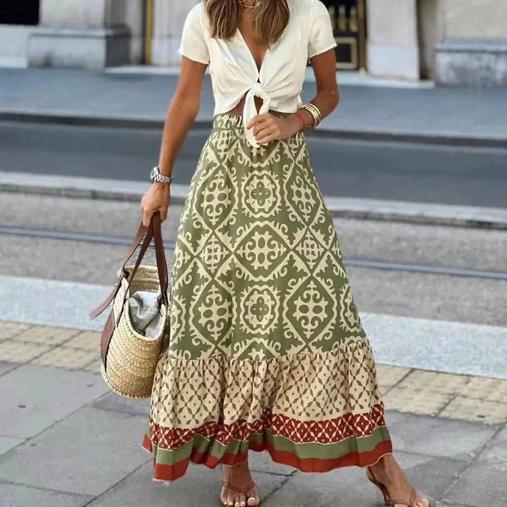 Women’s Maxi Skirt – High Waist – Flowy Fit – Breathable Blend – Boho Ruffle Hem