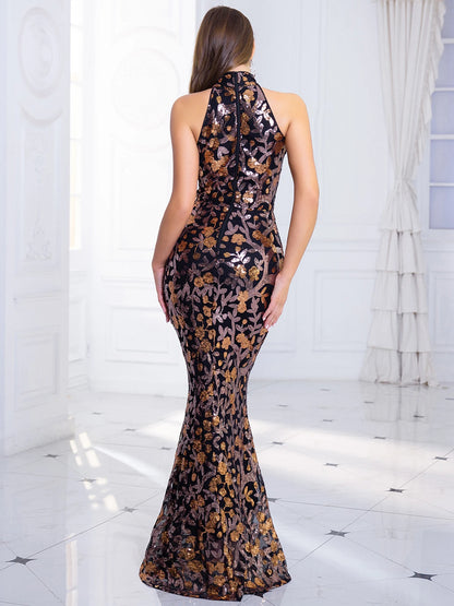 Women's Evening Prom Gown - High Neck - Sleeveless - Floral Sequin Embroidery - Floor-Length