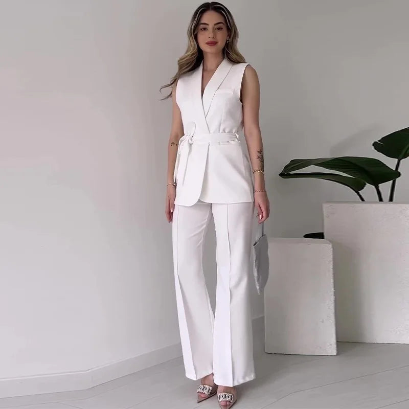 Women's Sleeveless Blazer Suit - Tailored Fit - V-Neck - High-Waisted Trousers - Belted Waist