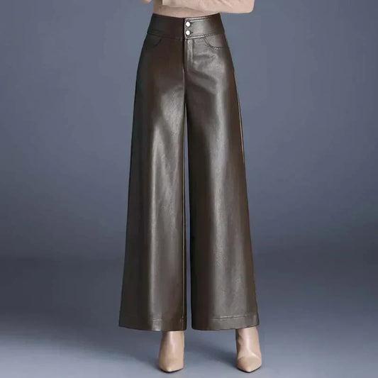 Women’s Leather Trousers – High Waist – Wide Leg – Relaxed Fit – Full Length