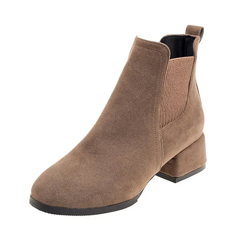 Women’s Ankle Boots – Suede-Like Finish – Square Heel – Slip-On Stretch Panel