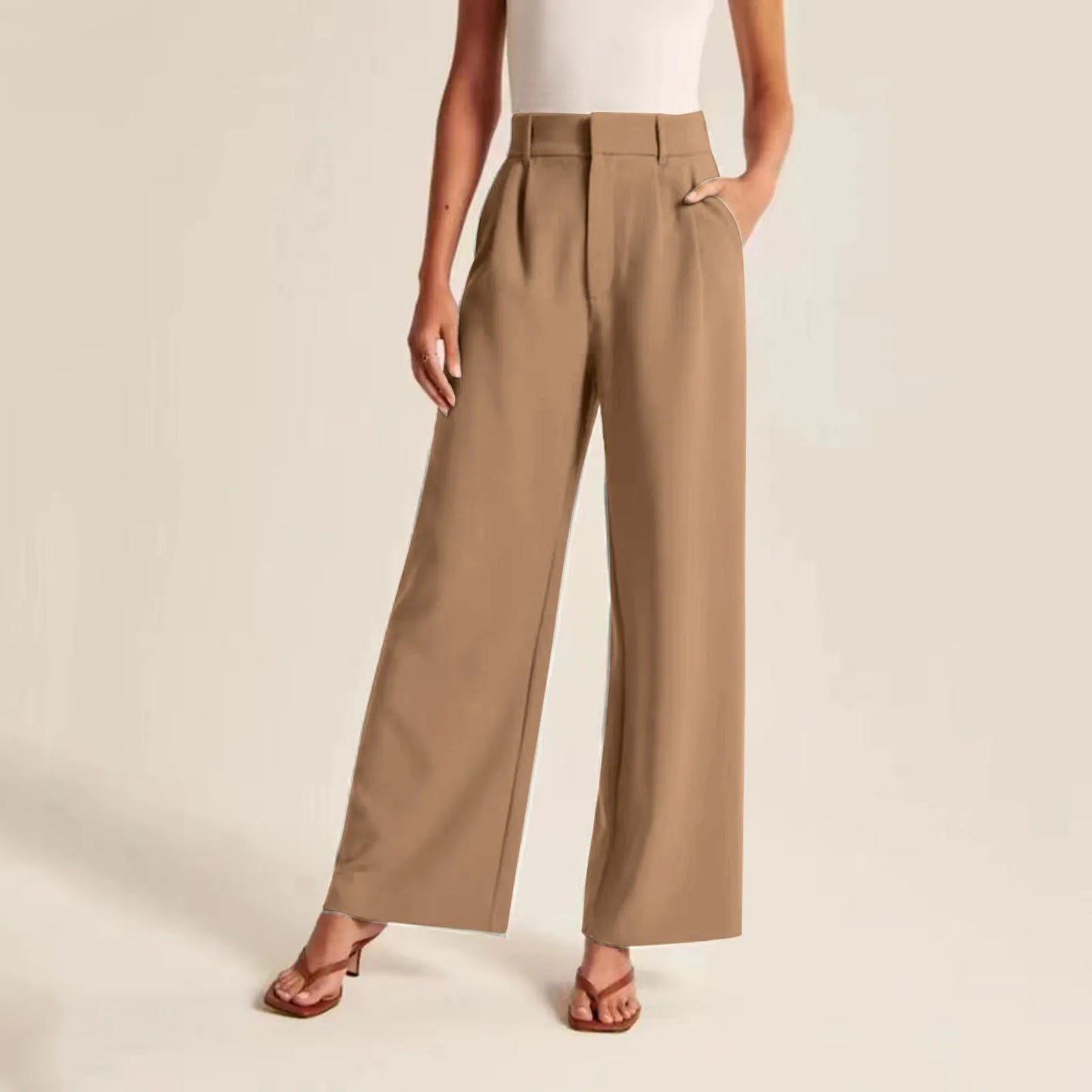 Women’s Wide Leg Trousers – High Waisted Tailored Fit – Linen Feel – Pleated Full Length