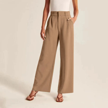 Women’s Wide Leg Trousers – High Waisted Tailored Fit – Linen Feel – Pleated Full Length