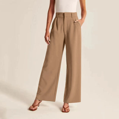 Women’s Wide Leg Trousers – High Waisted Tailored Fit – Linen Feel – Pleated Full Length