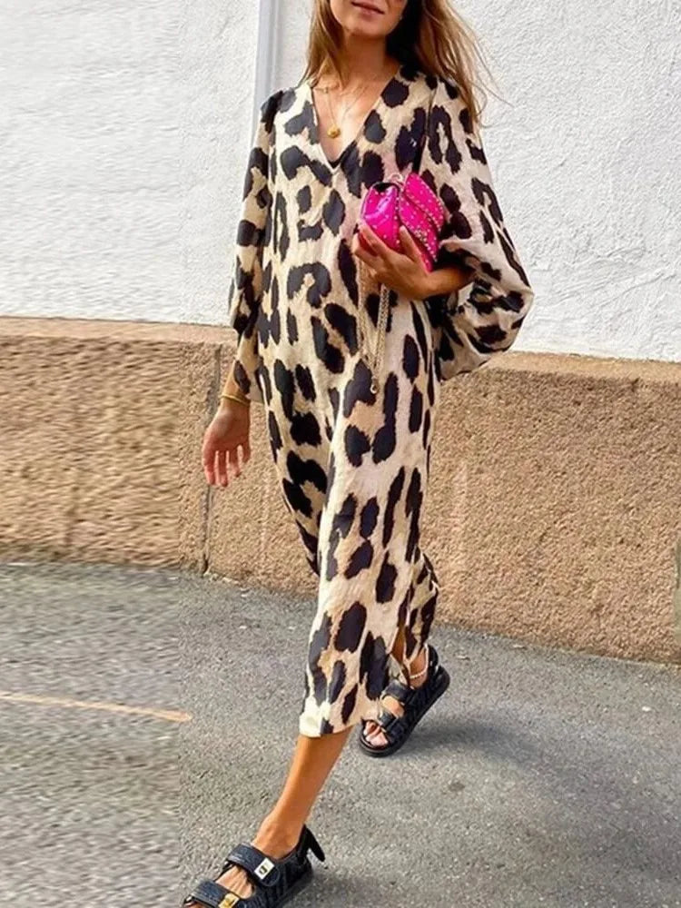 Women’s Midi Dress – Relaxed Fit – V-Neck – Balloon Sleeve – Bold Abstract Print – Breathable Blend