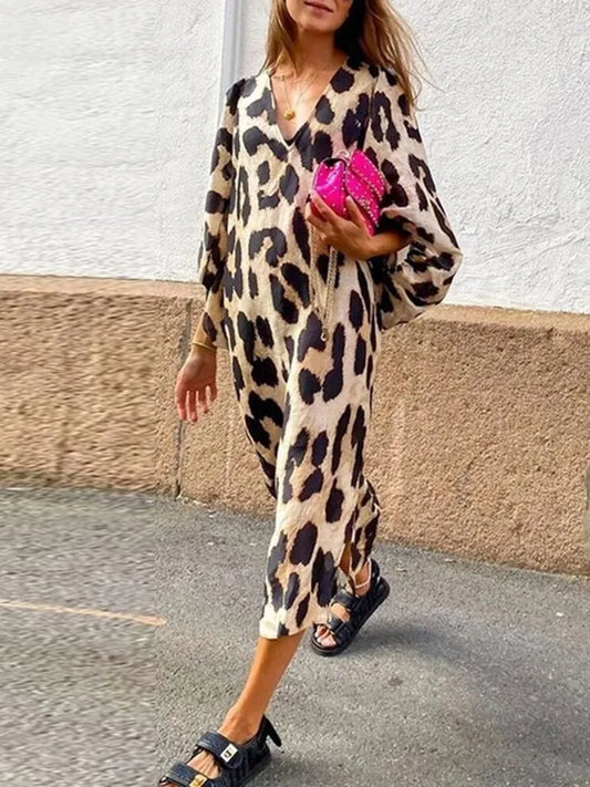 Women’s Midi Dress – Relaxed Fit – V-Neck – Balloon Sleeve – Bold Abstract Print – Breathable Blend