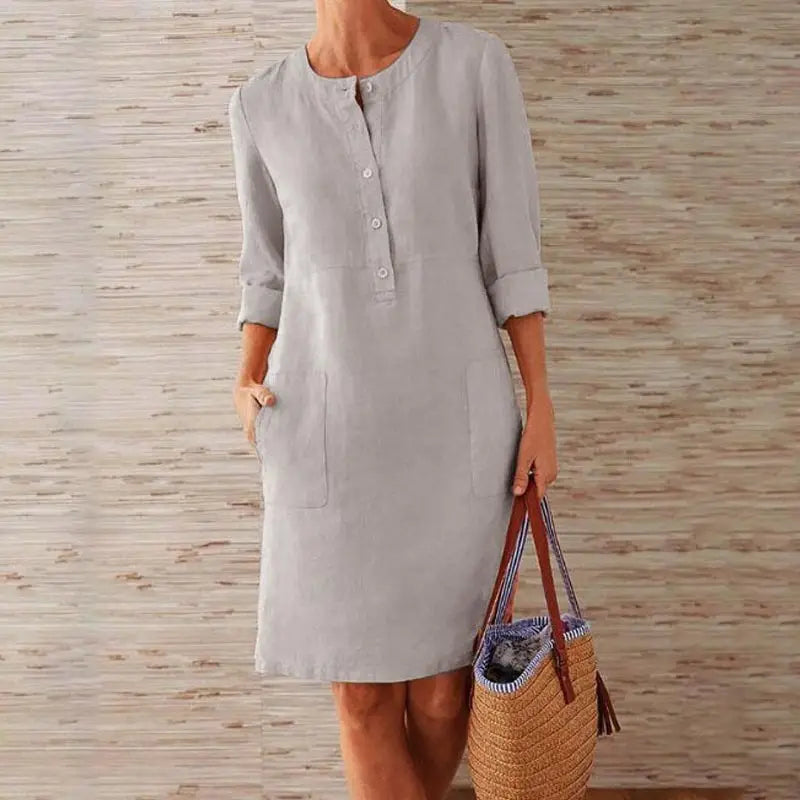 Women’s Casual Button-Up Midi Dress – Relaxed Fit 3/4 Sleeve Tunic Dress with Pockets