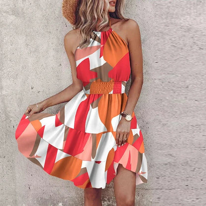 Women’s Mini Dress – Relaxed Fit – Halter Neck – Smocked Waist – Bohemian Print – Breathable Blend