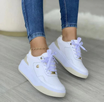 Women's Platform Sneakers - Lace-Up - Faux Leather - Cushioned Sole - Stylish Casual Wear