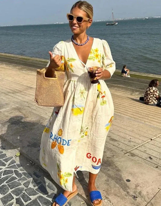 Women's Midi Dress - Relaxed Fit - V-Neck - Long Sleeve Boho Printed Casual Wear