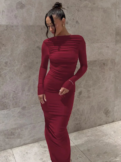 Women's Long Bodycon Dress - Ankle-Length - High Neck - Long Sleeve Elegant Fit