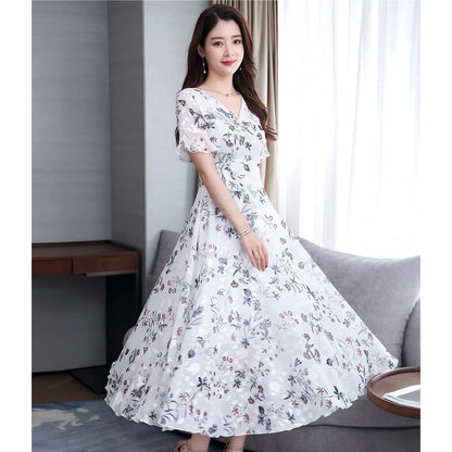 Women's Maxi Dress - Floral Print - V-Neck - Puff Sleeves - Fitted Waist Flowy Silhouette