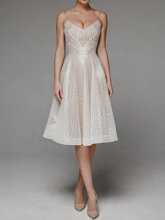 Women's Cocktail Dress - A-Line Fit - V-Neck Spaghetti Straps - Knee-Length Elegant Wear