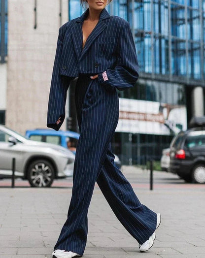 Women’s Blazer and Trouser Set – Tailored Fit – High Waist Wide Leg – Pinstripe – Double-Breasted