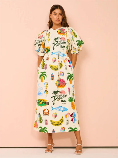Women's Midi Dress - Relaxed Fit - V-Neck - Long Sleeve Boho Printed Casual Wear