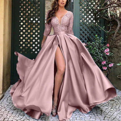 Women's Prom Evening Gown - A-Line Silhouette - Deep V-Neck - Lace Bodice - 3/4 Sleeves - High Slit