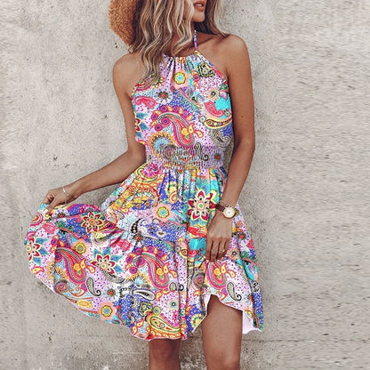 Women’s Mini Dress – Relaxed Fit – Halter Neck – Smocked Waist – Bohemian Print – Breathable Blend