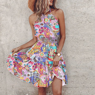 Women’s Mini Dress – Relaxed Fit – Halter Neck – Smocked Waist – Bohemian Print – Breathable Blend