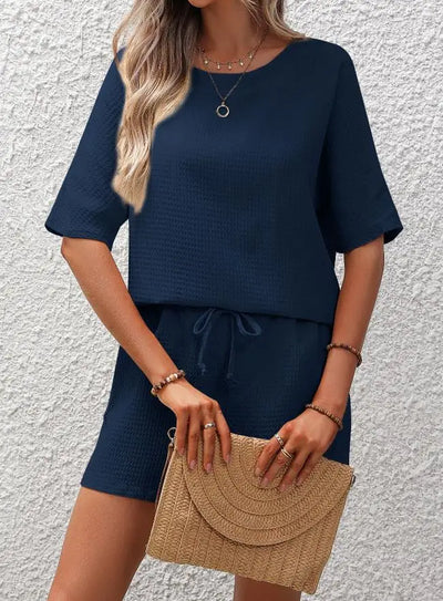 Women's Lounge Set - Relaxed Fit - Short Sleeve Top & Elastic Waist Shorts