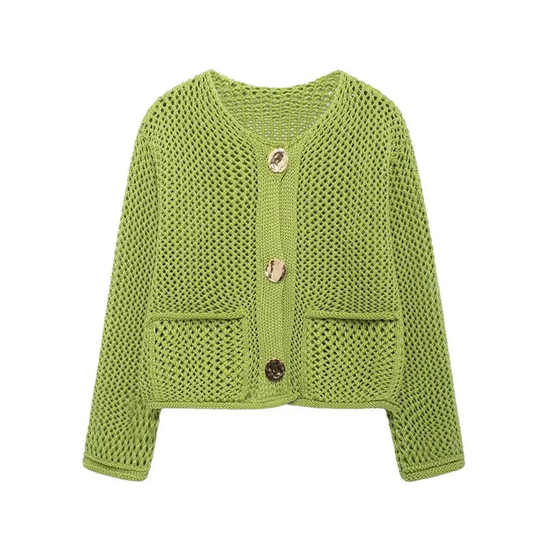 Mesh-knit cardigan with front pockets for women