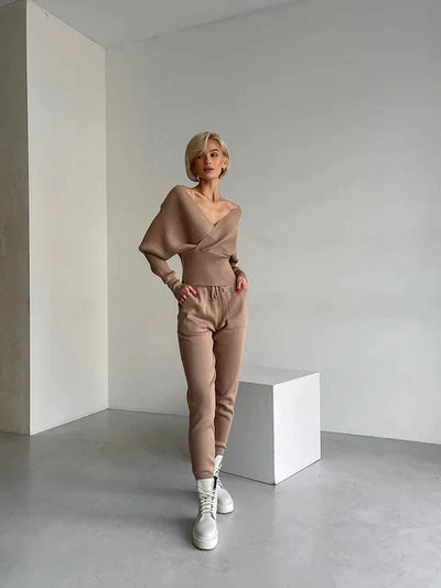 Women's Off-Shoulder Knitted Sweater - Ribbed Texture - Long Sleeve - Fitted Waist