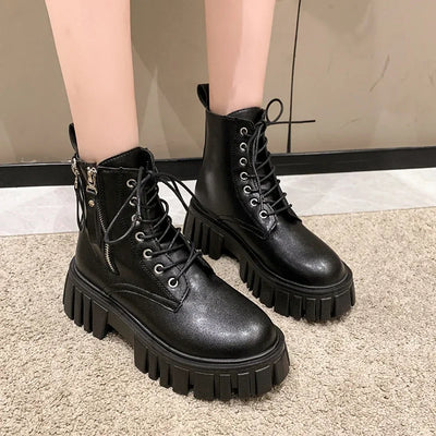 Women's Chunky Combat Boots - Lace-Up - Platform Sole - Side Zip - Edgy Street Style