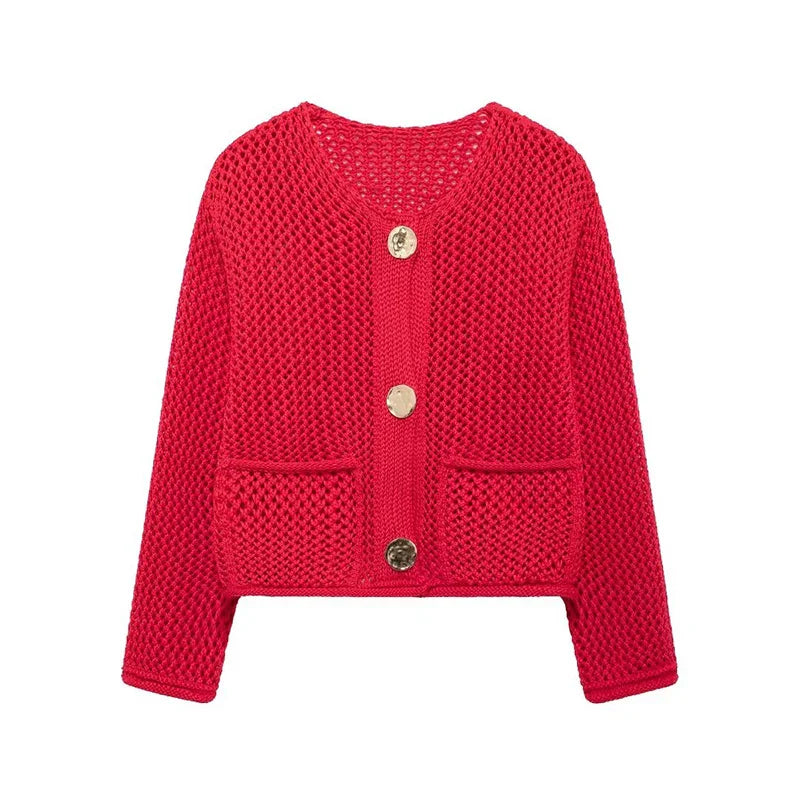 Mesh-knit cardigan with front pockets for women