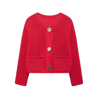 Mesh-knit cardigan with front pockets for women