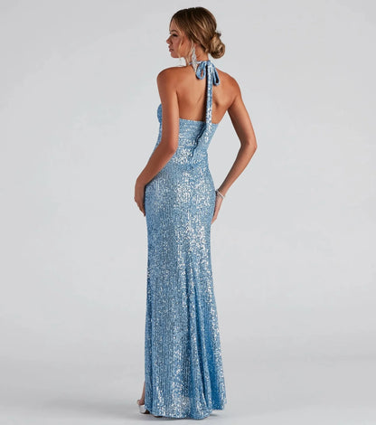 Women's Evening Prom Gown - Sequin Halter Neck - Cut-Out Bodice - High Slit Floor-Length