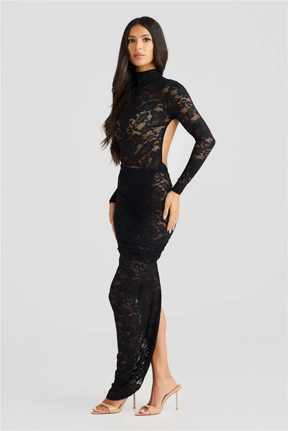 Women’s Slip Dress – Lace Bodycon Fit – Long Sleeve – High Neck – Thigh Slit – Rosette Detail