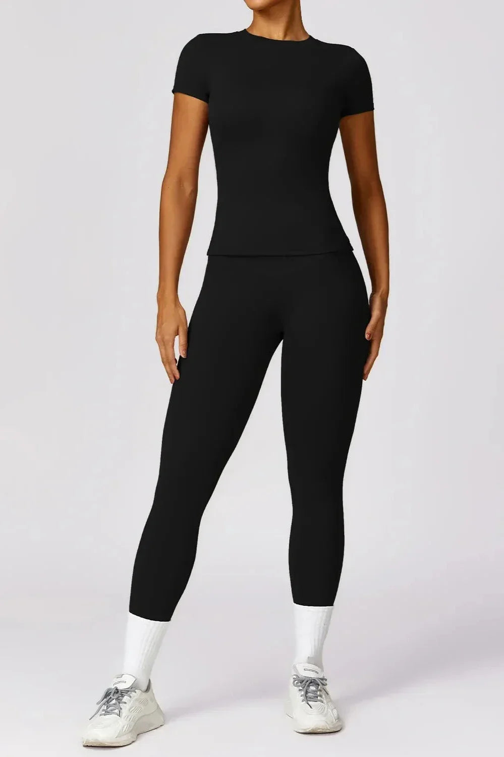 Women's Activewear Set - Seamless Short Sleeve Top & High-Waisted Leggings - Stretch Fit