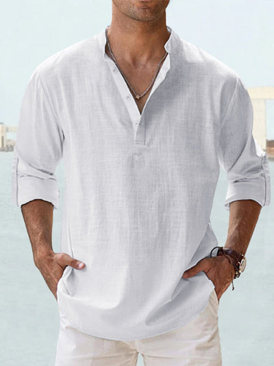 Men’s Henley Shirt - Breathable Cotton Linen - Relaxed Fit - Long Sleeve Band Collar