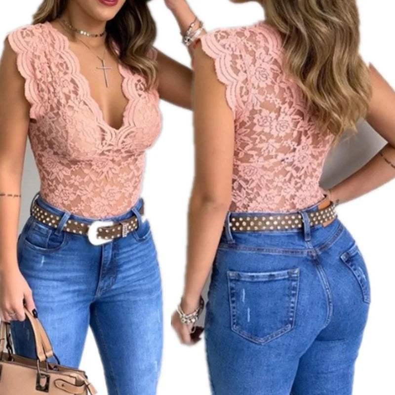 Women's Lace Bodysuit - Floral Pattern - Plunging V-Neck - Cap Sleeves - Fitted Elegant Wear