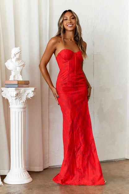 Women's Strapless Evening Prom Gown - Corset Bodice - Sweetheart Neckline - High Slit