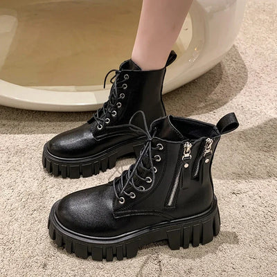 Women's Chunky Combat Boots - Lace-Up - Platform Sole - Side Zip - Edgy Street Style
