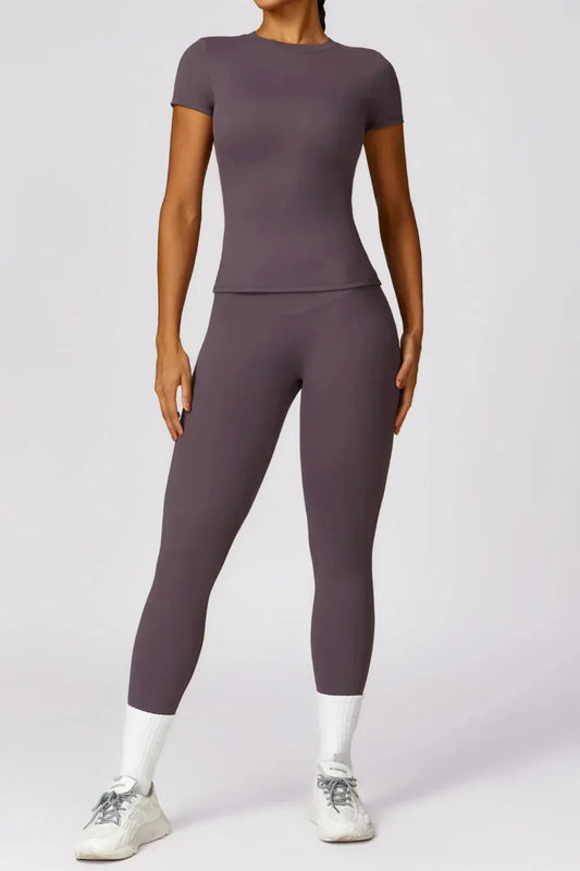 Women's Activewear Set - Seamless High-Waisted Leggings & Fitted Crew Neck T-Shirt