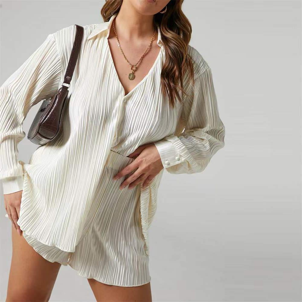 Women's pleated loose shirt and shorts set