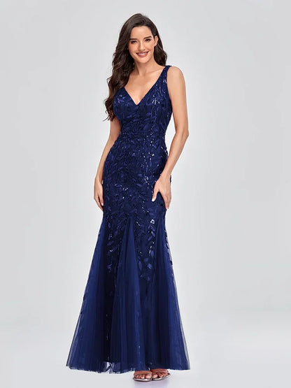 Women's Evening Prom Gown - Sleeveless V-Neck - Sequin Embellished - Floor-Length Elegant Fit