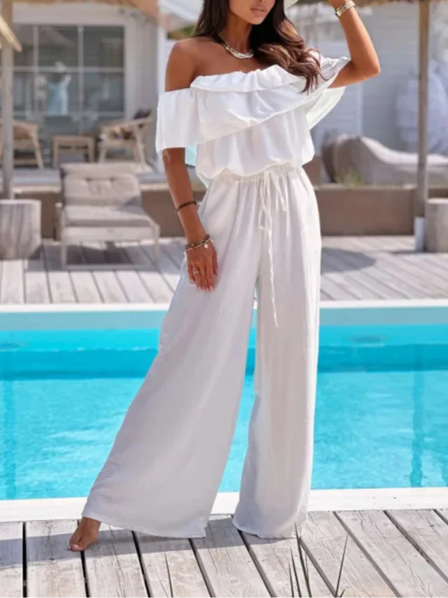 Women’s Jumpsuit – Off Shoulder Ruffle Neckline – Wide Leg – Breathable Blend – Cinched Waist