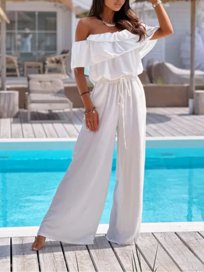 Women’s Jumpsuit – Off Shoulder Ruffle Neckline – Wide Leg – Breathable Blend – Cinched Waist