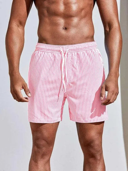 Men’s Swim Trunks - Striped Pattern - Elastic Waistband with Drawstring - Quick-Dry