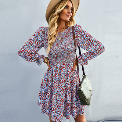 Women's Floral Mini Dress - A-Line Silhouette - Smocked Waist - Long Sleeve Round Neck