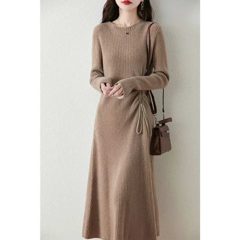 Women's Ribbed Knit Midi Dress - Long Sleeve - Gathered Side - Flared Hem